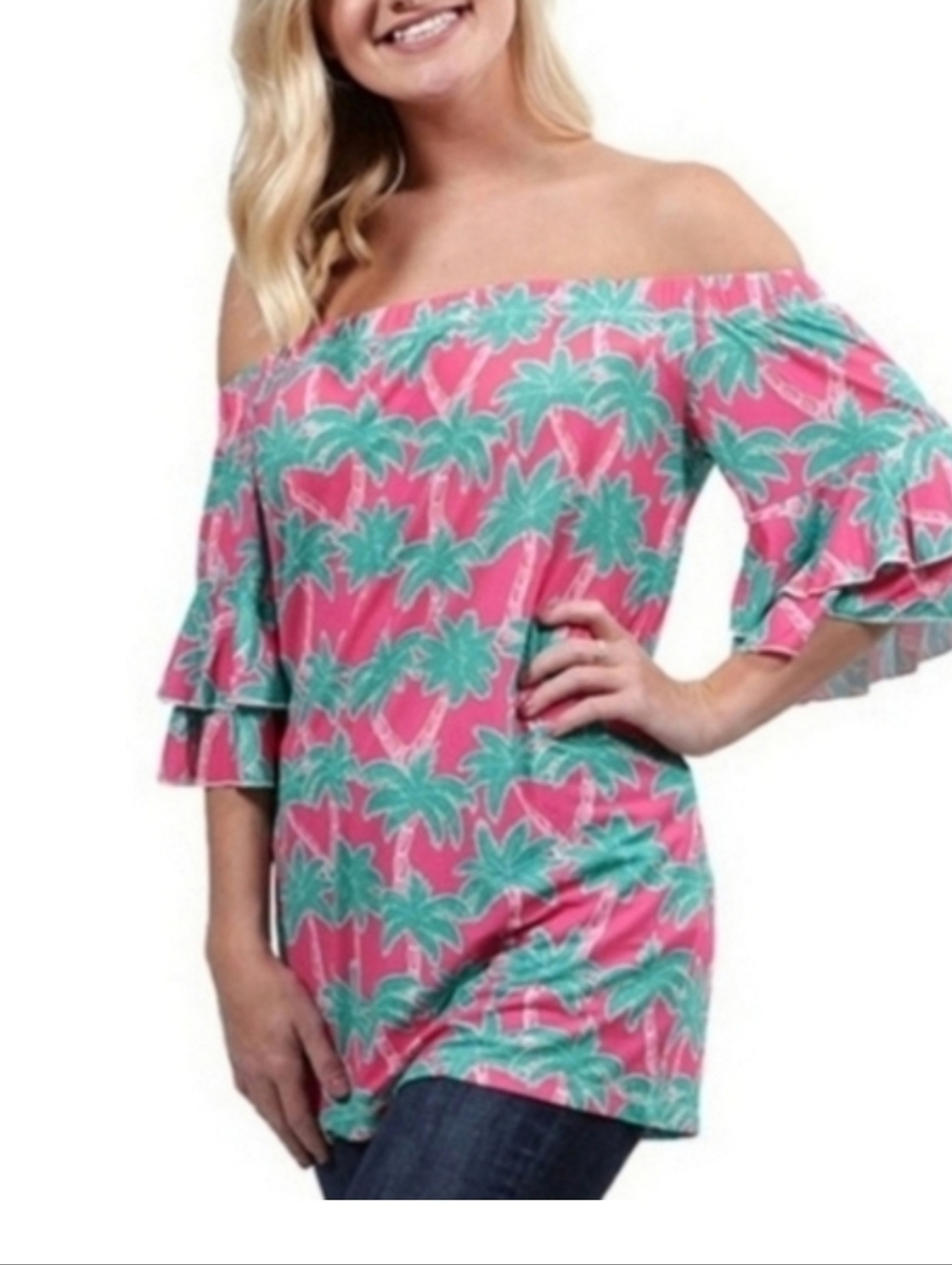 Simply Southern Women Size Medium Ruffle Off Shoulder Tropical Blouse Top NWOT